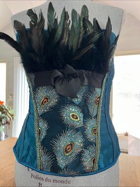 Teal Peacock Feather Bustier Corset Top